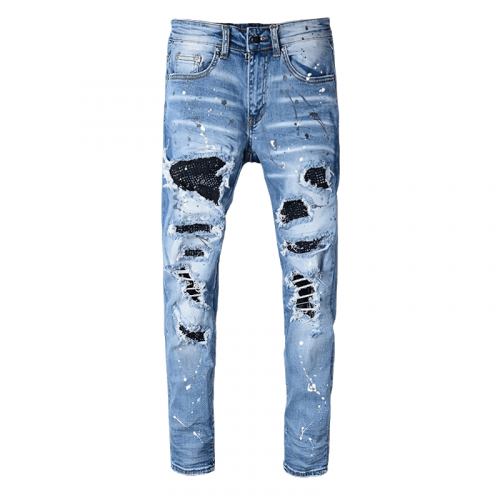 Strass-Kristall-Patchwork-Jeans / zerrissene Stretch-Denim-Hose für Herren / lässige Slim-Fit-Hose