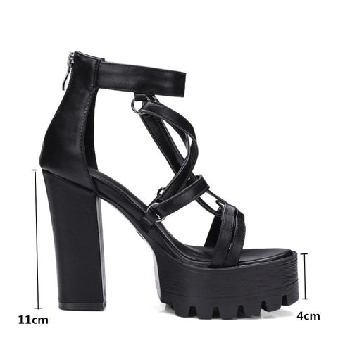 Open Toe Women's Sandals High Thick Square Heels Leather Rock Style.