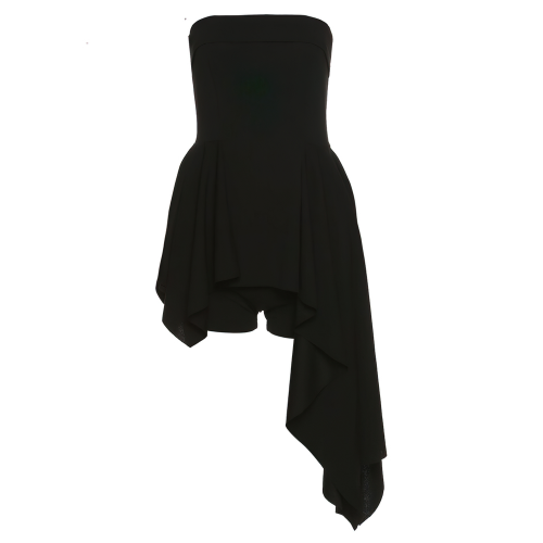 Sexy schwarzes asymmetrisches Damenkleid / modisches, wunderschönes trägerloses Minikleid mit Shorts