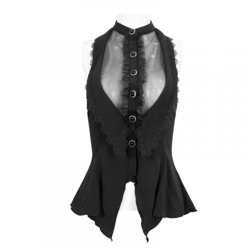 Sexy ärmellose Neckholder-Bluse mit Knöpfen vorne / transparente Gothic-Hemden mit unregelmäßigem Saum