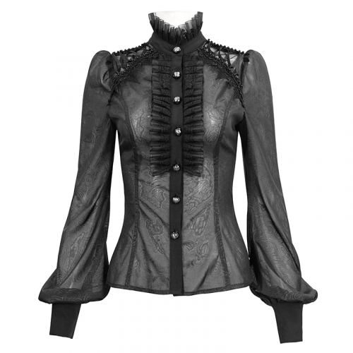 Chemisier gothique transparent à manches longues pour femmes, chemise noire à bretelles, col montant, à volants