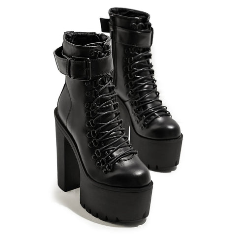Black Laced Platform Ankle Boots - Rocker Outfits.