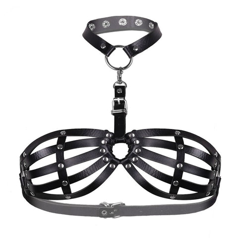 Women Leather Harness Bra Belt Wide BDSM Black Body Bondage