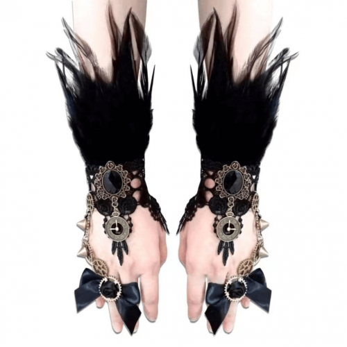 Sexy Damen-Federhandschuhe mit süßen Schleifen / schwarze verstellbare Handschuhe mit Brosche