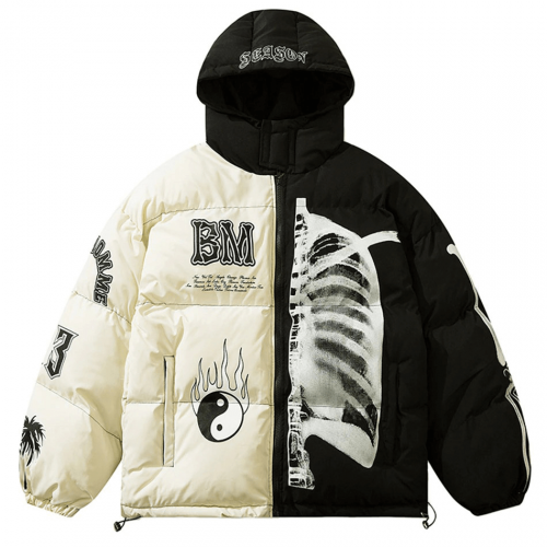 Kapuzenjacke mit Skelett-Print in zwei Farben / warme lockere Punk-Jacken / übergroße Kleidung