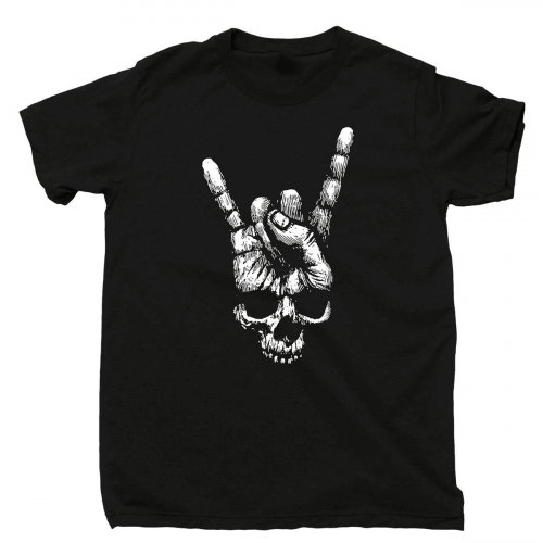 T-Shirt mit Totenkopf-Handzeichen der Hörner / schwarzes Baumwoll-T-Shirt im Rock-Stil