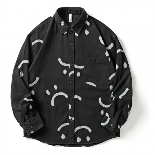 Smiley Prints Cotton Shirts for Men / Casual Trendy Loose Long Sleeves Clothing