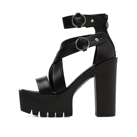 Women's Gladiator Sandals High Heels Gothic Buckle.