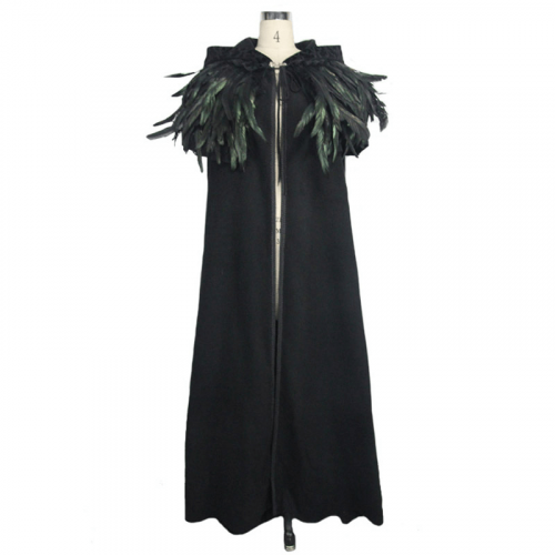 Steampunk Long Cloak Coat with Detachable Feathers / Warm Loose Velvet Hooded Overcoats