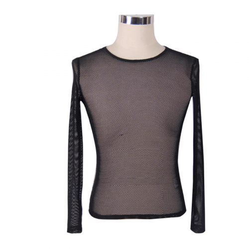 Steampunk See-through O-Neck Long Sleeves Top for Men / Sexy Gothic Black Mesh Clothing