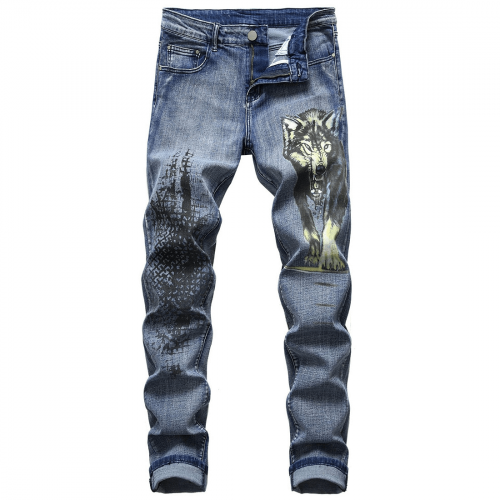 Stilvolle gerade Jeans mit Wolf-Print / lässige blaue Jeanshose mit Reißverschluss für Herren / modische Herrenbekleidung