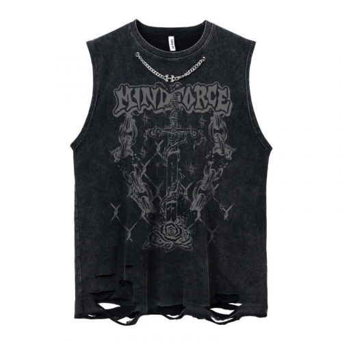 Sword Graphic Ripped Tank Top With Chain / Fashion Sleeveless Cotton Top in Gothic Style