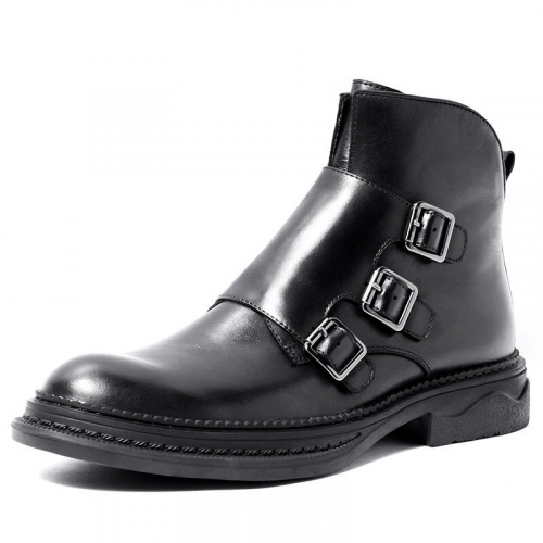 Les boucles à la mode ont décoré les bottines masculines/chaussures de moto en cuir occasionnelles d'orteil rond