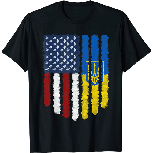 Baumwoll-T-Shirt mit ukrainischer amerikanischer Flagge / lässiges Herren-T-Shirt mit kurzen Ärmeln