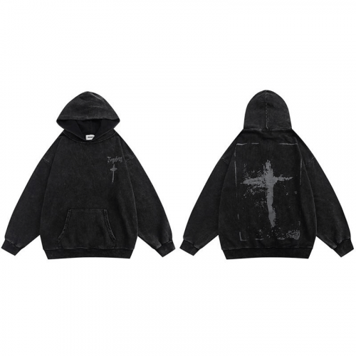 Vintage Cross Print Loose Hoodie / Lässiger Baumwoll-Hoodie mit Taschen / Punk Gothic-Stoff