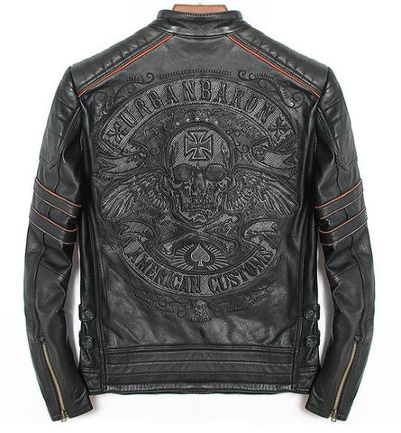 Men's jacket made of genuine leather with a pattern of a skull and a cross on the back.