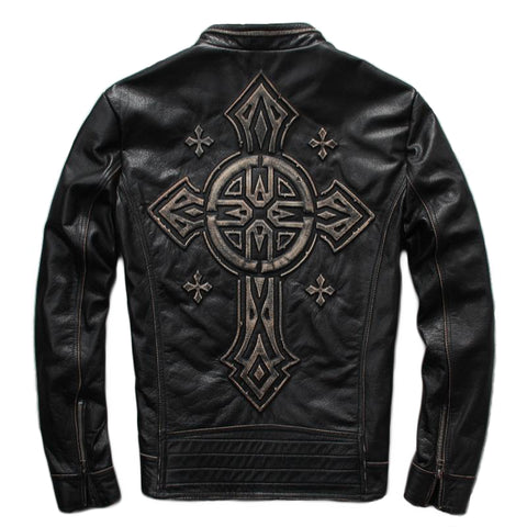 Vintage leather men's jacket in rock style with engraved print on the back.