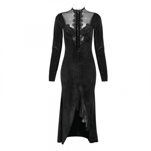 Vintage-Fishtai-Kleid aus Samt mit Schlitz und Spitzenapplikation / Gothic-Kleid mit durchsichtigem Ausschnitt und langen Ärmeln