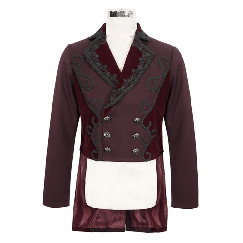 manteau de queue à double poitrine rouge vin vintage avec boutons-pression / vêtements élégants de style gothique pour hommes