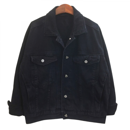 Women Black Solid Color Denim Jacket / Turn-Down Collar Pockets Jacket in Rock Style