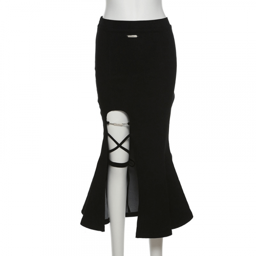 Women's Black Flared Skirt with Split / Gothic Style Sexy Skirts / Alternative Female Clothing