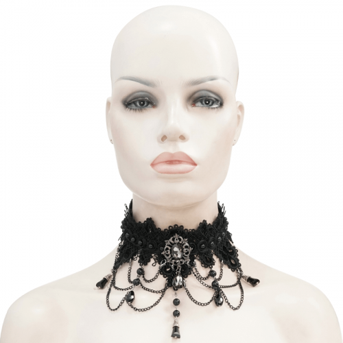 Damen-Halskette aus schwarzer Spitze mit Strasssteinen / Elegante Gothic-Halskette mit tropfenförmigem Anhänger