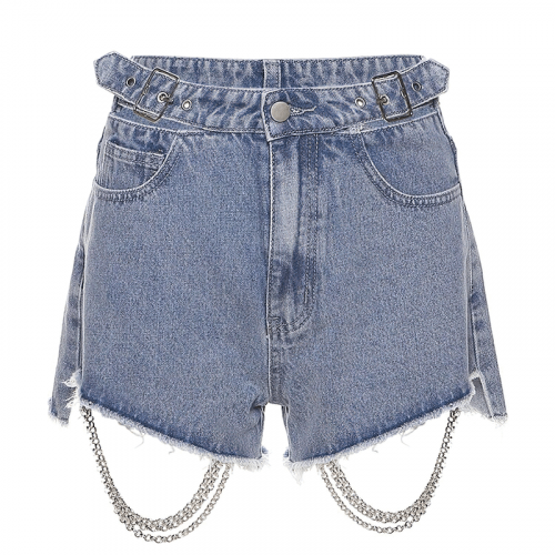 Damen-Shorts aus Denim mit hohem Bund und Ketten und Schnallen / alternative Jeansbekleidung für Damen