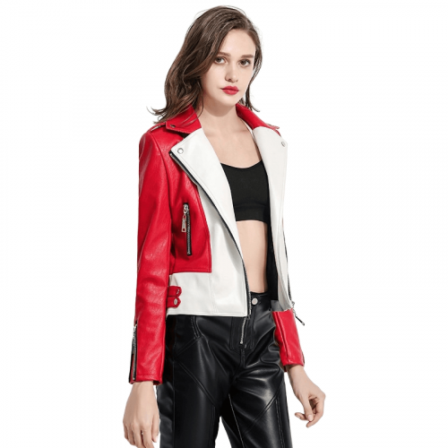 Damen-Bikerjacke aus Kunstleder / kurze Reißverschlussjacke in roter und weißer Farbe / Outfits im Rock-Stil