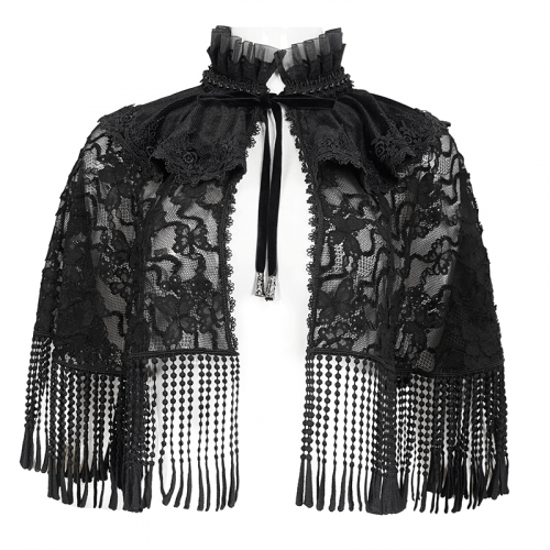 Damen Gothic Stehkragen Quasten Spitzenumhang / Elegante Damenumhänge in schwarzer Farbe