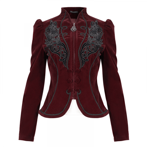 Damen-Gothic-Jacke aus Samt mit Reißverschluss in Weinrot / Damenjacke mit Spitzenapplikationen und dekorativen Knöpfen