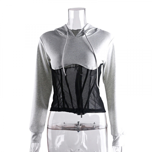 Women's Long Sleeve Hoodies with Mesh See-through Elements / Hooded Sweatshirt with Back Zipper