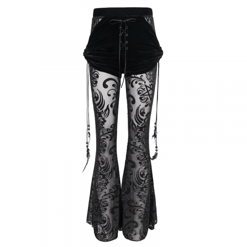 Women's Mesh Splice Flared Pants / Gothic Black Long Pants with Hanging Feather Pendant