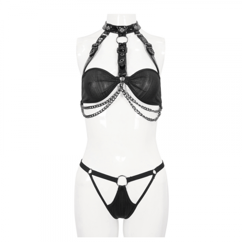 Ensemble de lingerie deux pièces punk pour femmes avec chaînes / bikini gothique sexy ajouré avec soutien-gorge dos nu