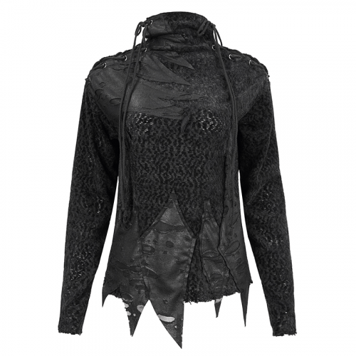 Sweat-shirt déchiré à col roulé à bretelles pour femmes dans un style gothique / Vêtements de mode alternative