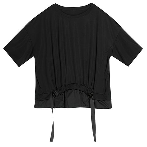 Women's Black Irregular Ribbon T-Shirt - Trendy Fashion.