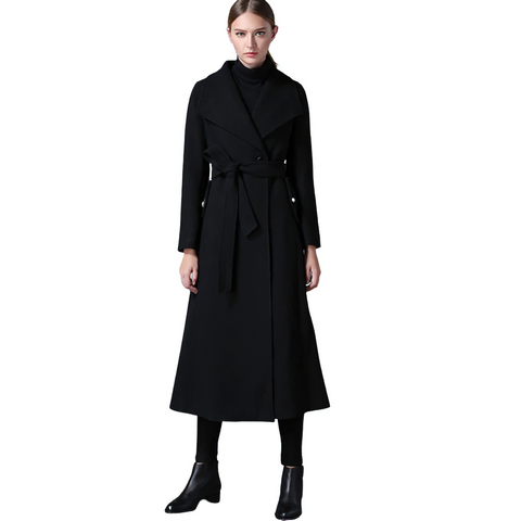 WOMEN'S BLACK LONG WOOL COAT - VINTAGE ELEGANT CLOTH.