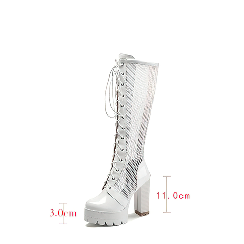 Women's Patent Leather Knee-High Mesh Boots - Trendy Footwear.