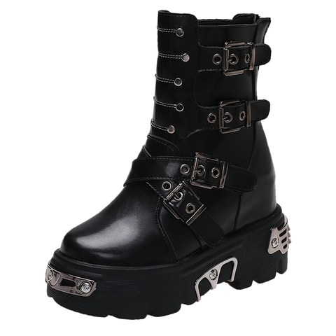Women's PU Leather Boots With Buckles And Rivets - Stylish Punk Shoes.
