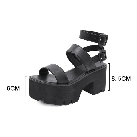 Women's Square Heel Black Sandals - Gothic Style.