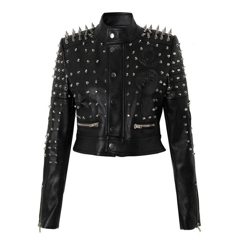 Steampunk Rock Silver Rivets Leather Jacket / Slim Short Women's ...