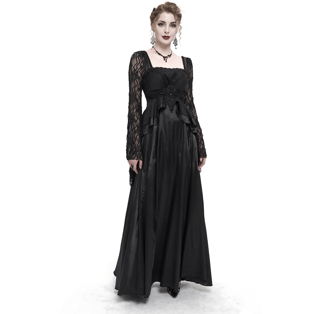 Black Elegant Retro Appliqued Long Dress / Women's Square Neck and Long ...