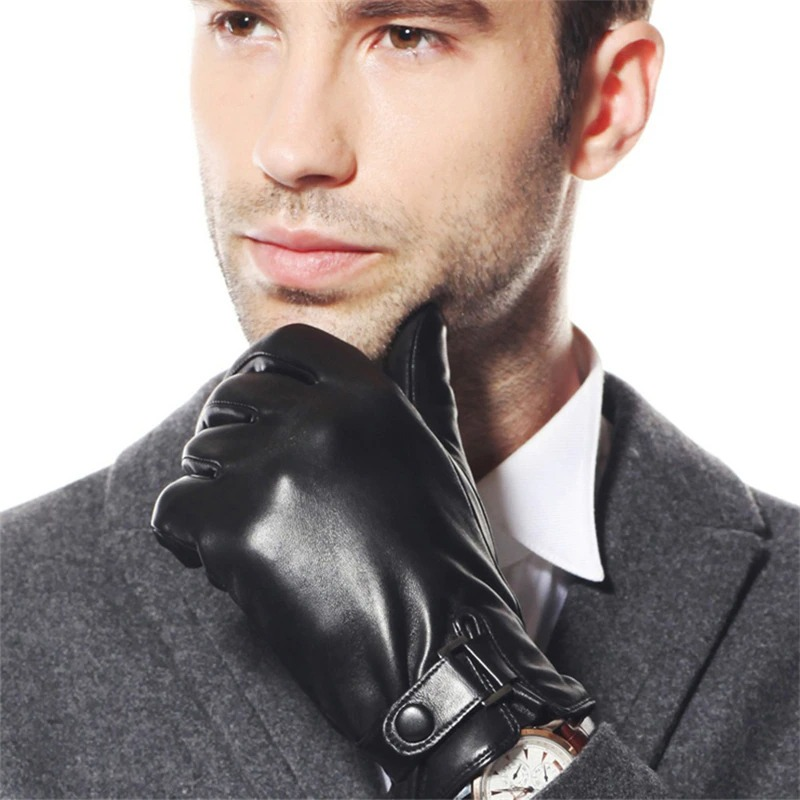 Men's Genuine Leather Gloves with Belt / Plush Lined Male Gloves | HARD ...