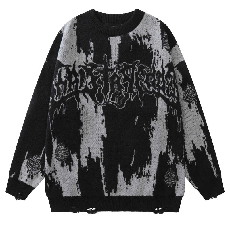 Punk Gothic Ripped Knitted Sweaters / Grunge Fashion O-Neck Letter Print  Pullover | HARD'N'HEAVY