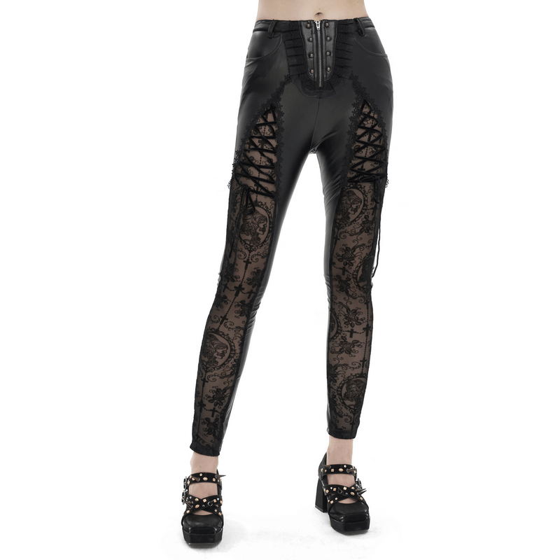 Punk Zipper Black Leggins with Lace-up on Legs / Gothic Lace Semi ...