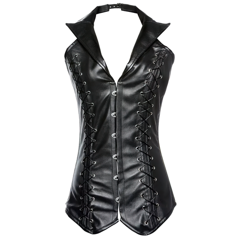 Lace Patent Leather Corset with Zipper Front and Lace-up Back