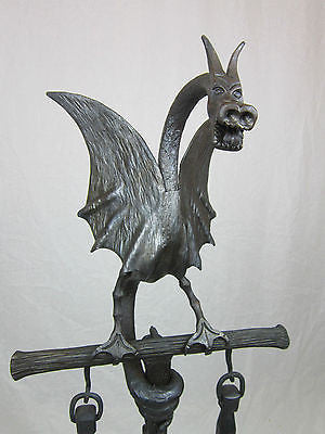 Gothic forged wrought iron dragon andirons set