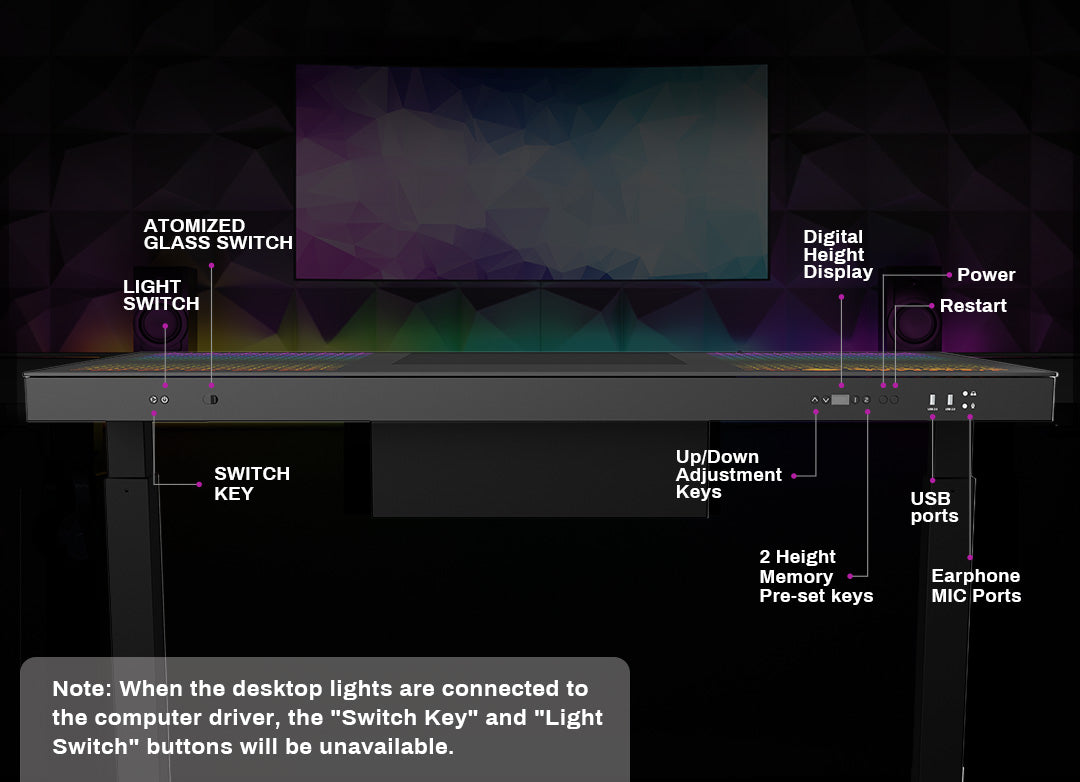 GTG-EVO Dual Motor Smart Standing Desk PC Case with RGB Lighting, PC Gaming Desk, PC Gaming RGB Desk, Atomized Glass Switch, Comptuer Case Desk controls relocated to front panel