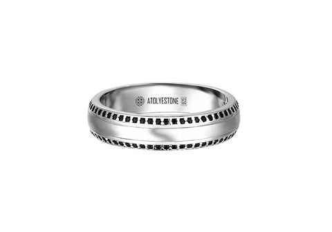Men's 925 Sterling Silver Minimalist Classic Band Ring Decorated with Black CZ Stones