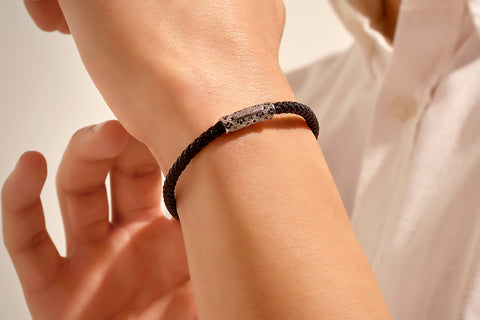 Gold Plating Leather Bracelet with Black Leather 925-Silver