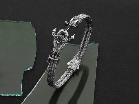 Atolyestone Men's AAA Grade Natural Agate Beaded Black Italian Leather Bracelet in 18K Real White Gold